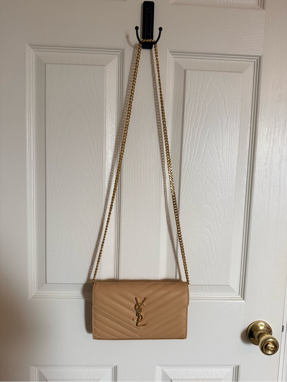 Saint Laurent Inspired Tan Quilted Leather Crossbody with Gold Chain